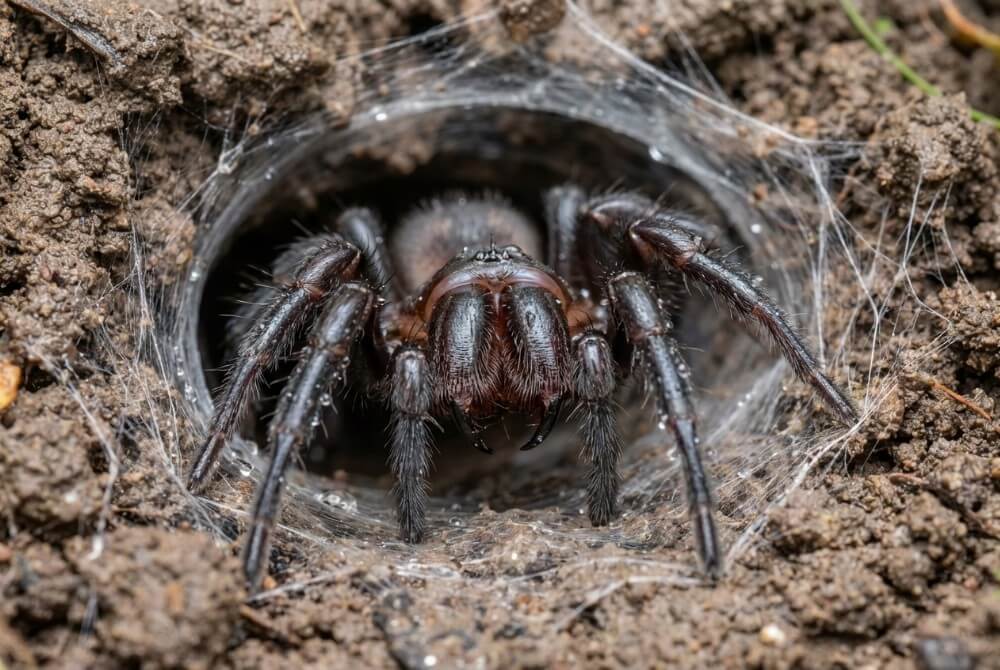 Atraks australijski przy wejściu do norki z lejkowatą siecią w wilgotnej ziemi