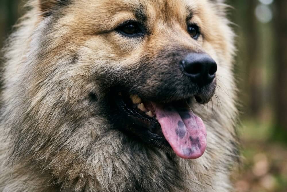 Pysk psa rasy eurasier, charakterystyczne fioletowe plamy na języku i gęstą kryzę wokół szyi