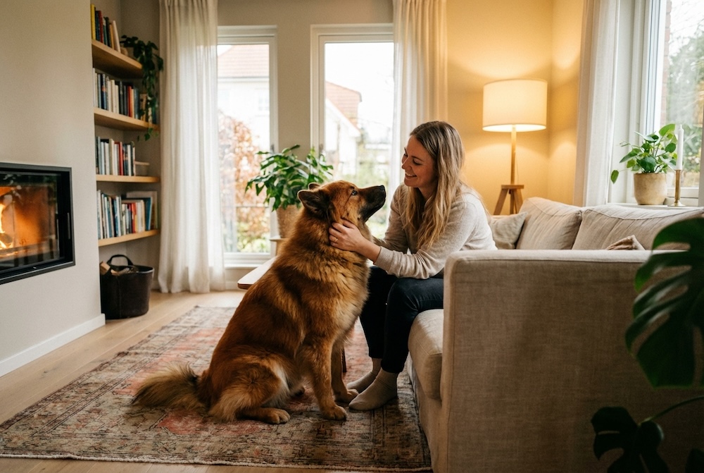 Eurasier o rudym umaszczeniu siedzący spokojnie w salonie blisko właściciela, podkreślający silną więź z rodziną