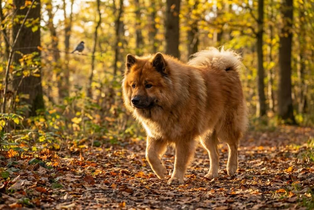 Eurasier idący swobodnie bez smyczy po leśnej ścieżce, prezentujący spokojny charakter i brak instynktu łowieckiego