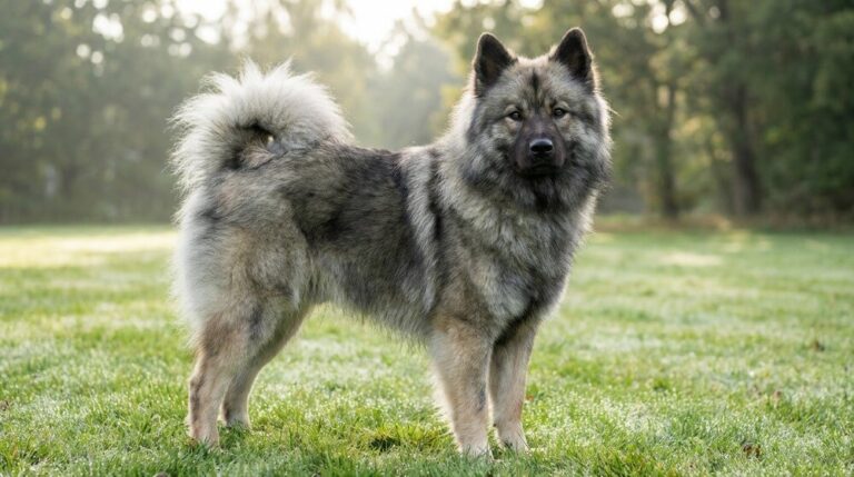 Pies rasy eurasier o gęstym, wilczastym futrze stojący na trawie, prezentujący dumną sylwetkę i puszysty ogon