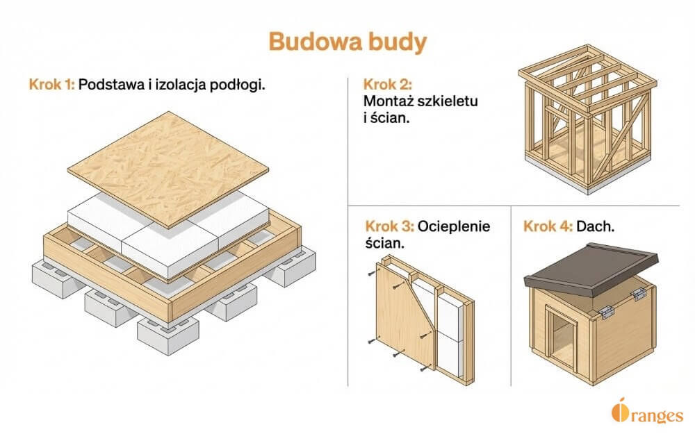 Infografika prezentująca kolejne z 4 kroków tworzenia budy od podstaw, która zapewni odpowiednie warunki czworonogowi