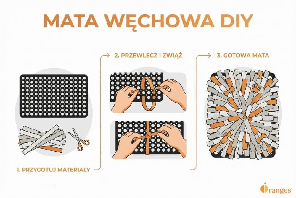 Schemat wykonania maty węchowej: baza z dziurkami, technika wiązania pasków polaru na supeł i gotowa mata z ukrytymi chrupkami