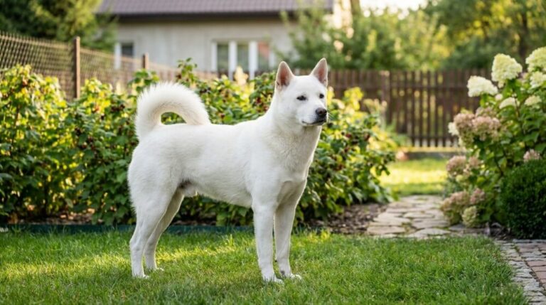 Biały pies rasy Kishu Ken stojący czujnie w ogrodzie przy domu