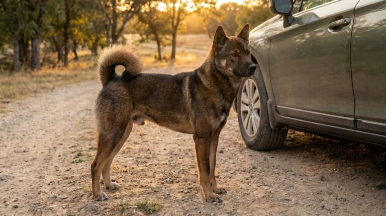 Pies rasy Shikoku o sezamowym umaszczeniu stoi obok auta