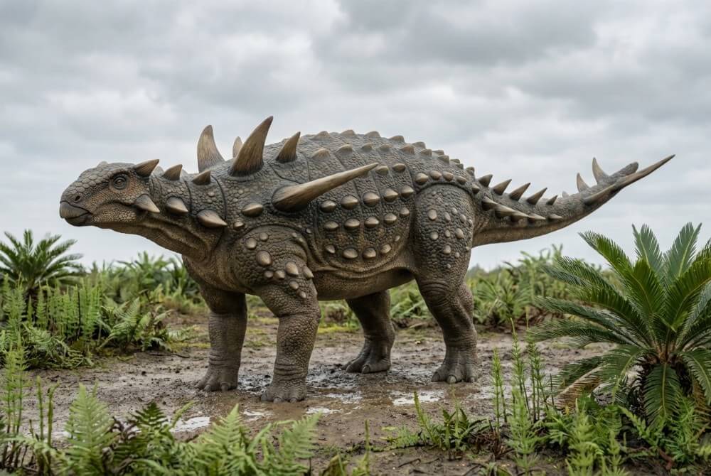 Polakant w środowisku wczesnej kredy na wyspie Wight, z wyraźnymi kolcami na barkach i ogonie oraz opancerzonymi bokami
