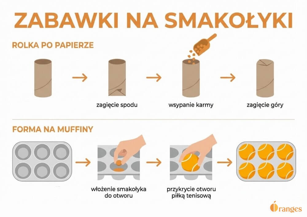Infografika przedstawiająca dwa domowe sposoby na zabawki na inteligencję: dyspenser z rolki po papierze oraz zagadka z formy na muffiny i piłek tenisowych