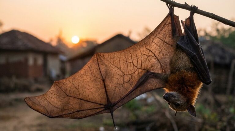Rudawka wielka rozciągająca skrzydło na gałęzi drzewa o świcie w pobliżu osady