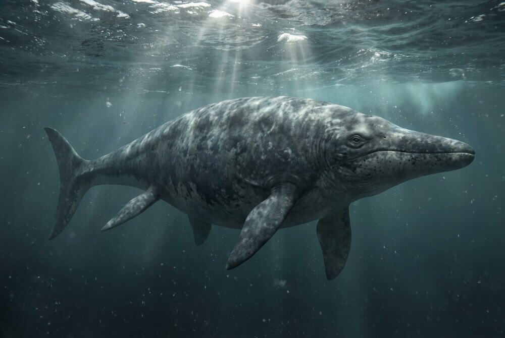 Ogromny, pękaty gad morski Shonisaurus płynący pod wodą w prehistorycznym oceanie