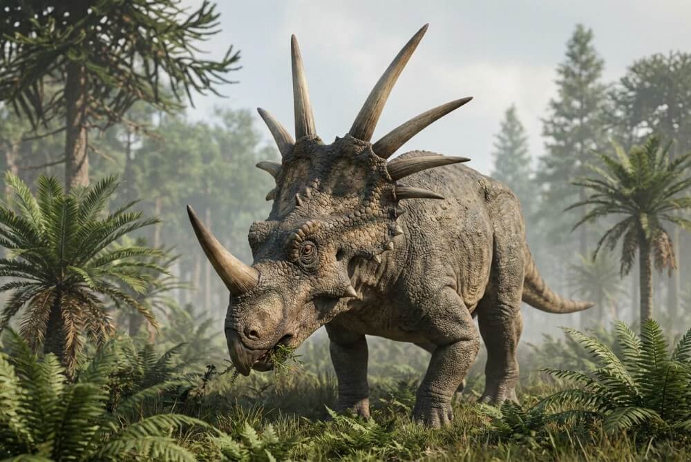 Styrakozaur z dużym rogiem nosowym i kryzą zakończoną długimi kolcami w naturalnym środowisku