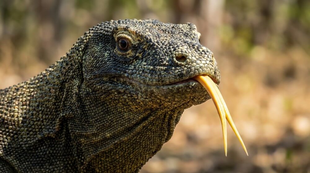 Waran z Komodo z widocznym żółtym, rozwidlonym językiem i łuskowatą skórą