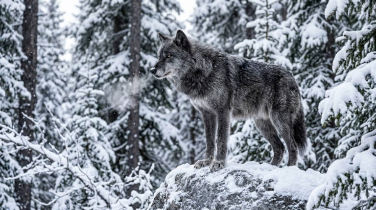 Potężny wilk kanadyjski o gęstym futrze stojący na zaśnieżonym głazie w zimowym lesie