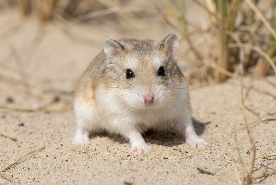 Chomik Roborowskiego w bardzo bliskim ujęciu na jasnym podłożu