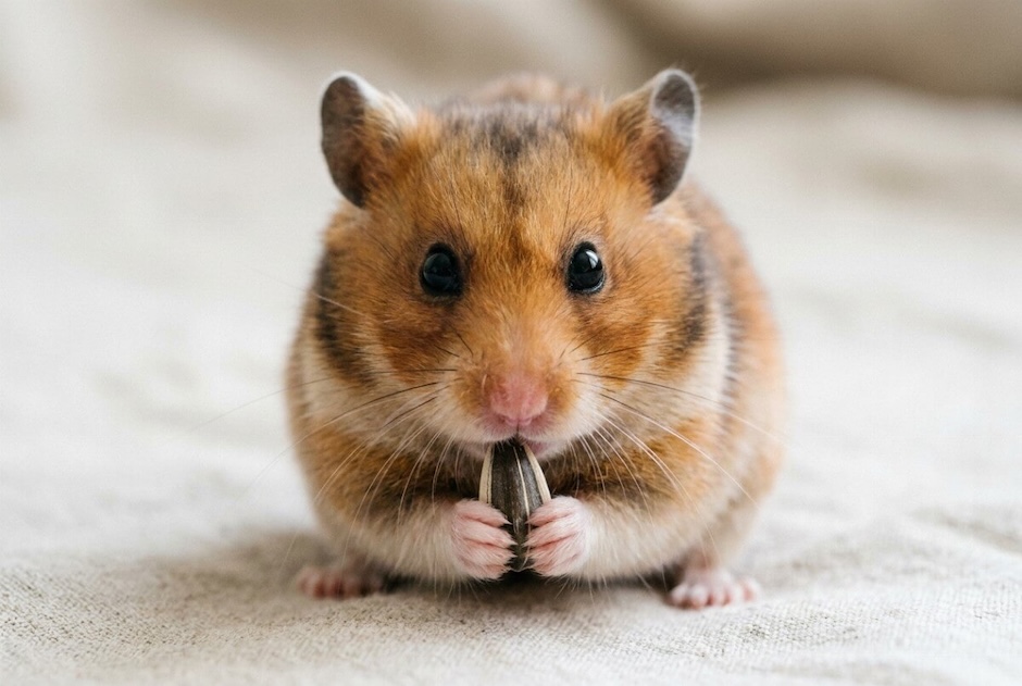 Chomik syryjski widziany z bliska, siedzący na naturalnej ściółce