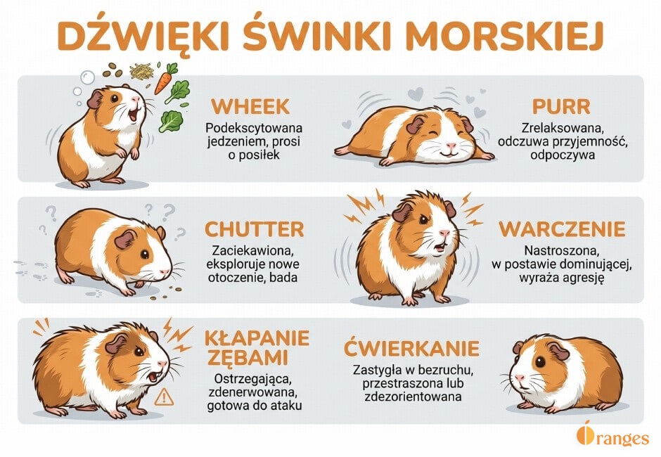 Infografika "Dźwięki świnki morskiej" przedstawiająca sześć głównych wokalizacji kawii domowej: wheek, purr, chutter, warczenie, kłapanie zębami i ćwierkanie, zilustrowanych odpowiednią mową ciała zwierzęcia
