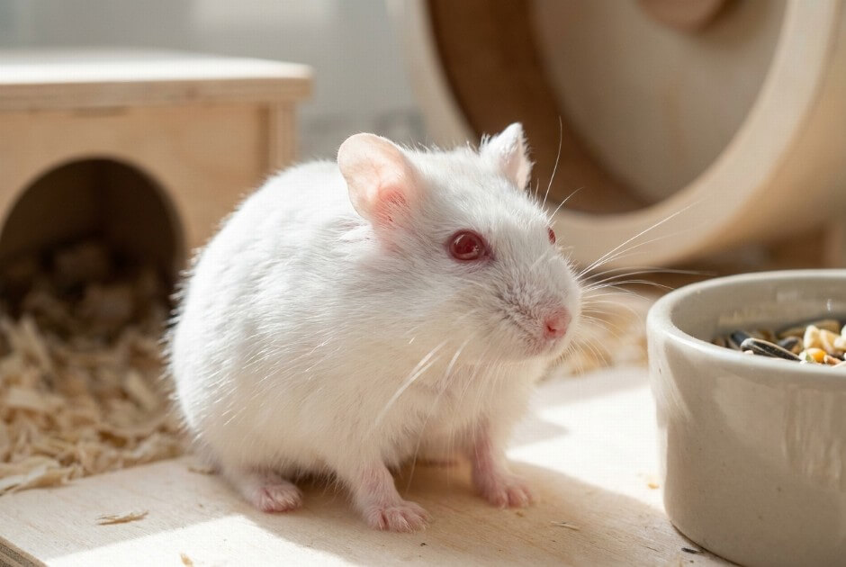 Chomik albinos o białej sierści i czerwonych oczach siedzący w domowej klatce na jasnej ściółce