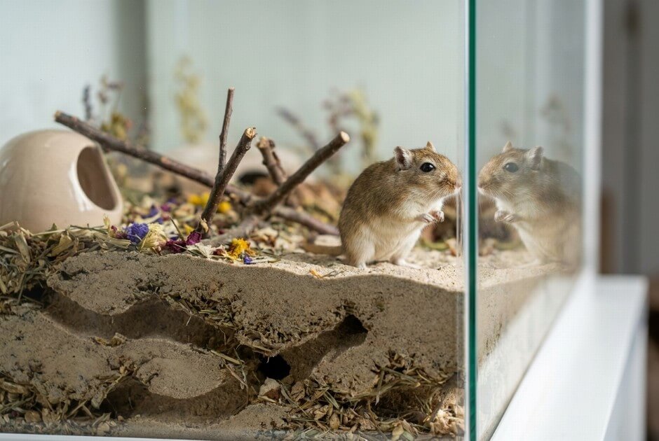 Myszoskoczek w szklanym terrarium z tunelami w podłożu
