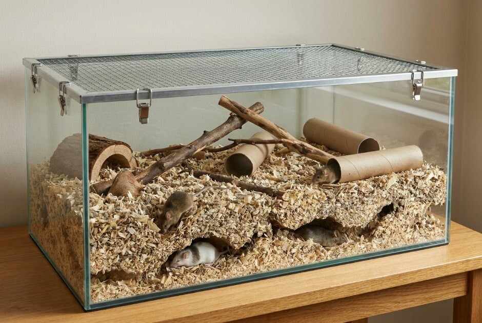 Szklane terrarium z wentylowaną pokrywą i myszami w naturalnym środowisku